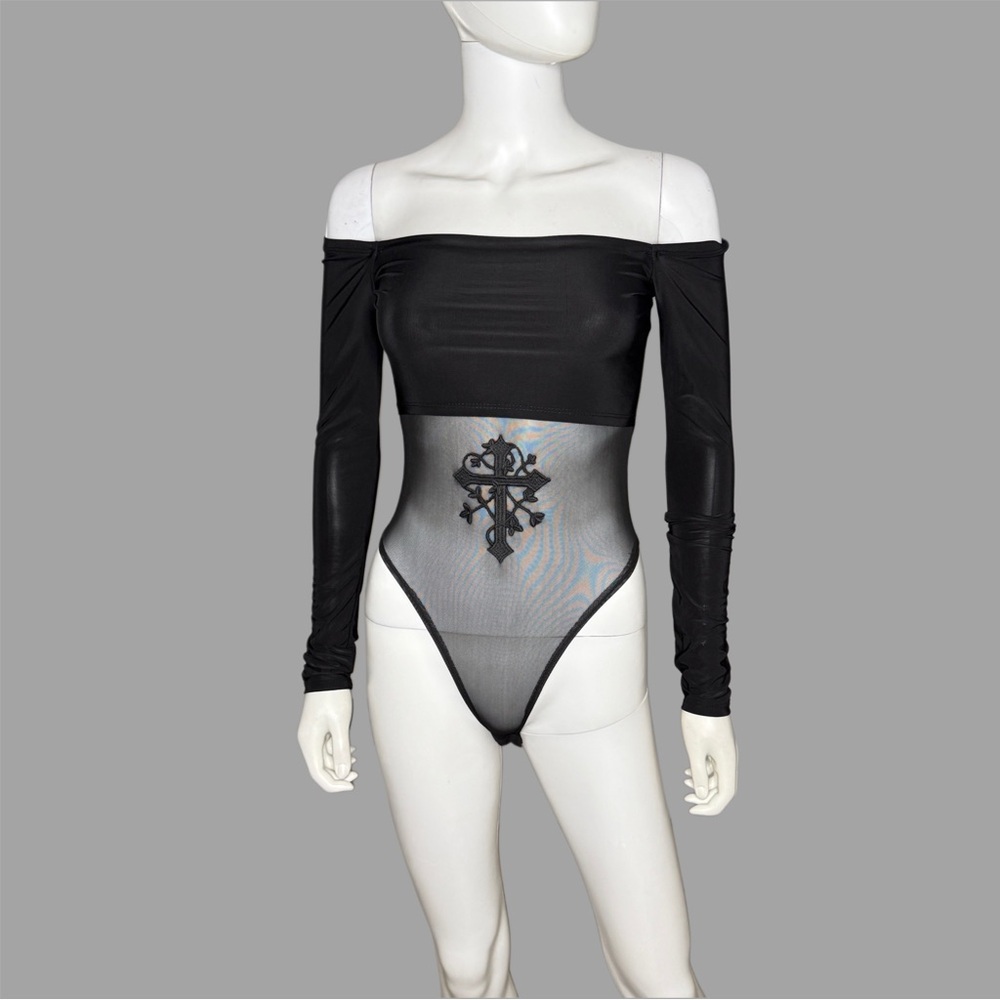 Cherry Mellow Sleek Black Off-Shoulder‎ Embroidered Bodysuit